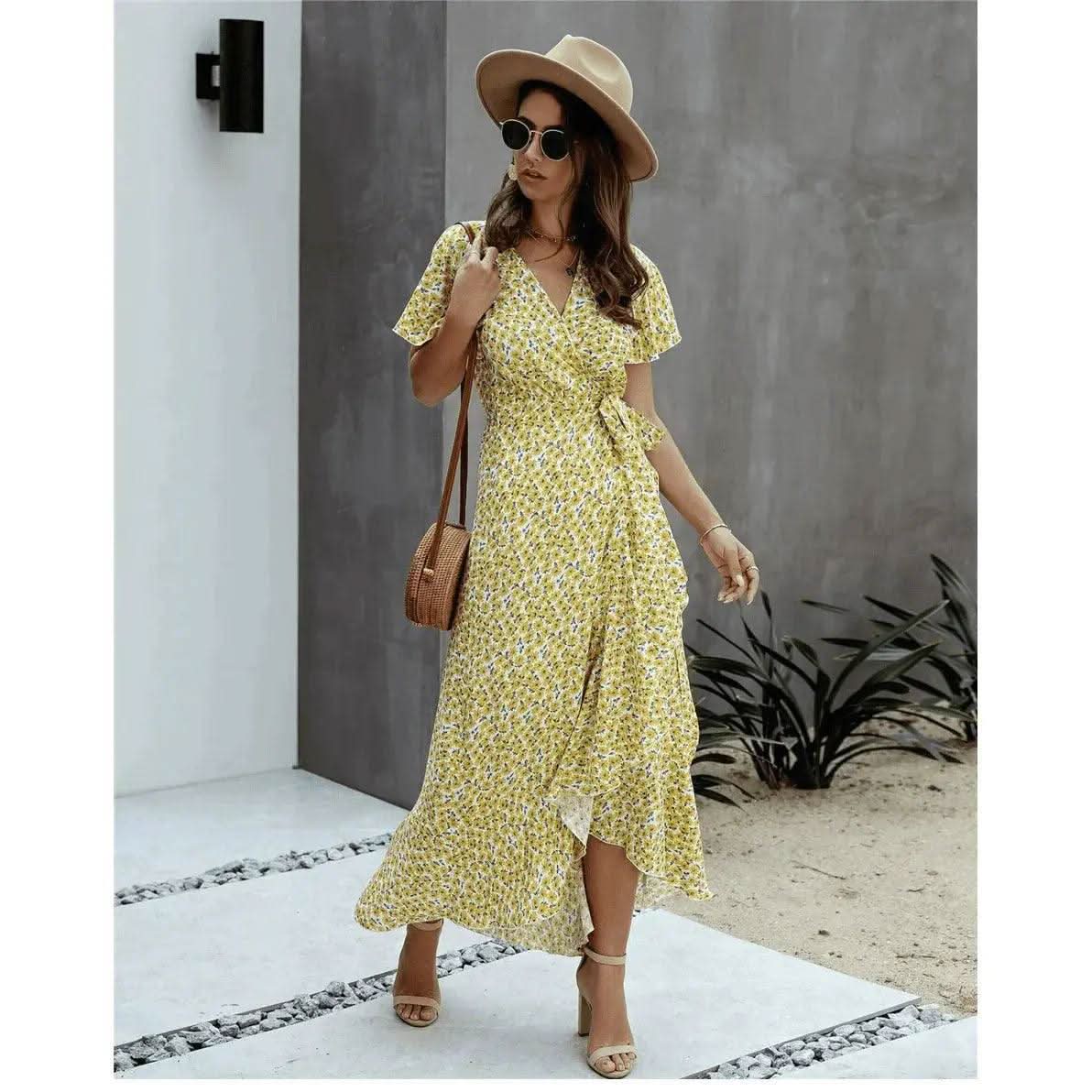Robe Bohème Longue Fleuri Jaune - Boutique Bohème