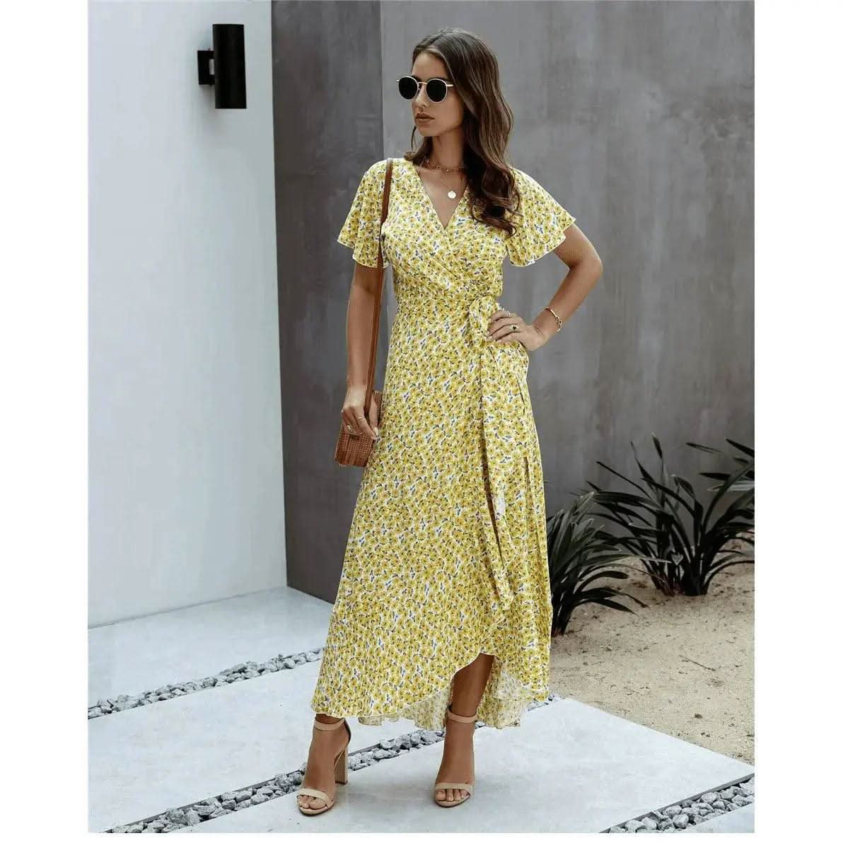 Robe Bohème Longue Fleuri Jaune - Boutique Bohème