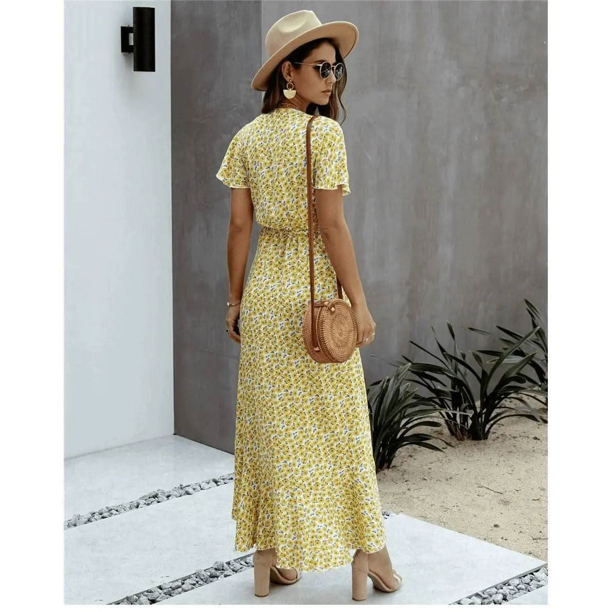 Robe Bohème Longue Fleuri Jaune - Boutique Bohème