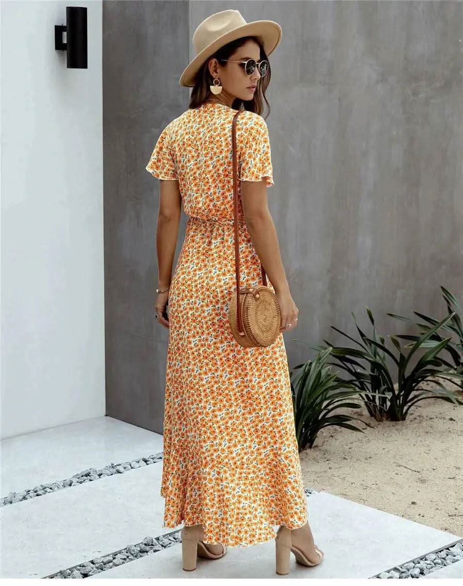 Robe Bohème Longue Fleuri Orange - Boutique Bohème