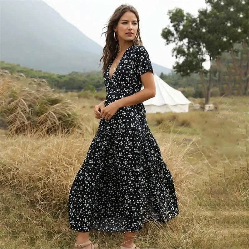 Robe Bohème Noir Fleuri - Boutique Bohème